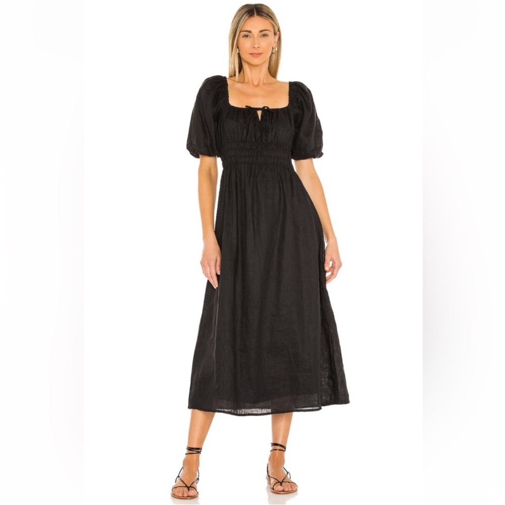 Faithful the Brand Maurelle Tie-detailed Shirred Linen Midi Dress Black